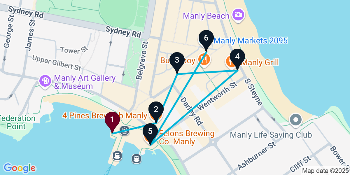 Map for 6-Stop Manly Pub Bar Crawl