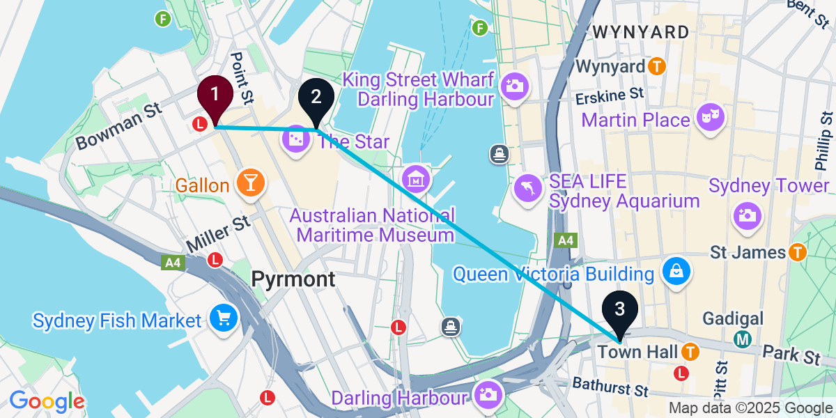 Map for 3-Stop Pyrmont Nightclub Bar Crawl