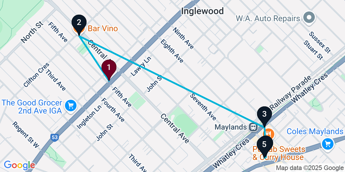 Map for 5-Stop Perth Bar Crawl