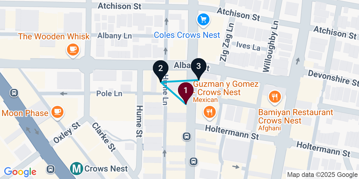 Map for 3-Stop Crows Nest Bar Crawl