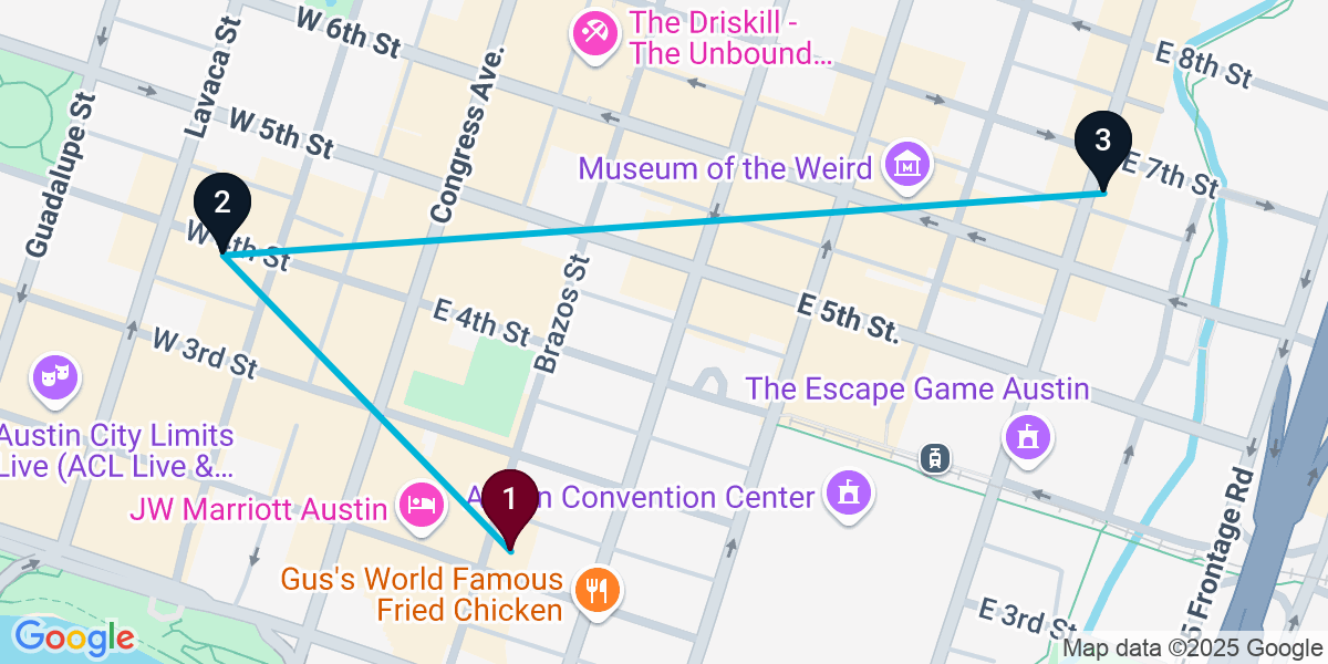 Map for 3-Stop Austin Nightclub Bar Crawl