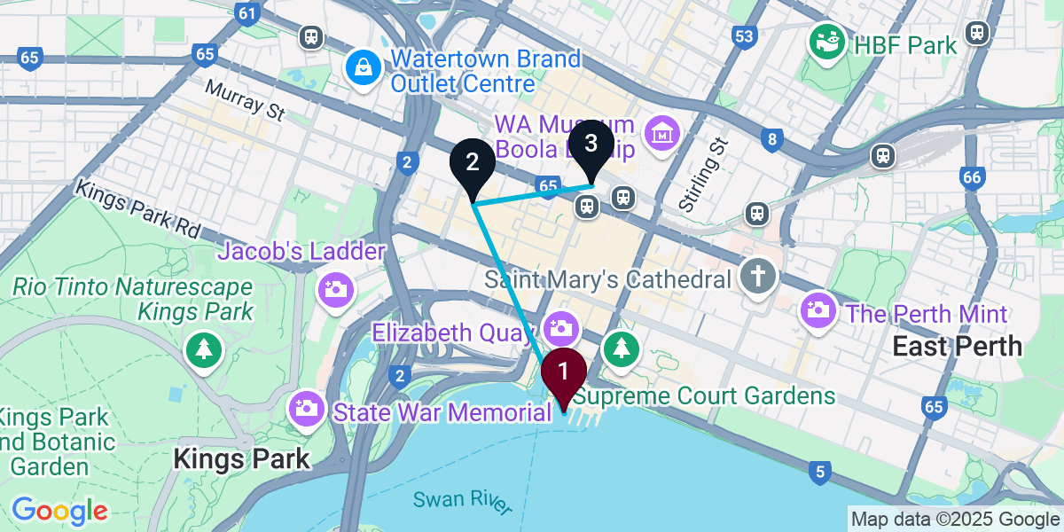 Map for 3-Stop Perth Cocktail Bar Crawl
