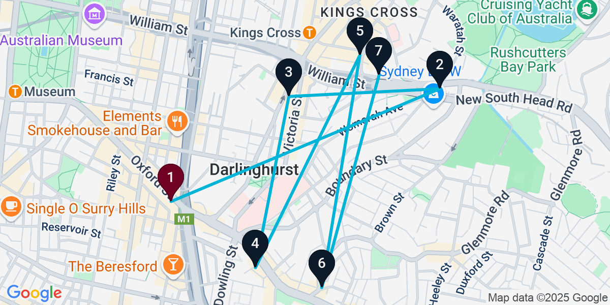 Map for 7-Stop Darlinghurst Wine bar Bar Crawl