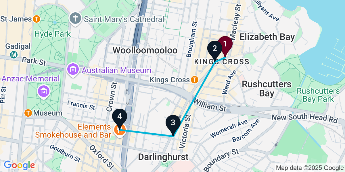 Map for 4-Stop Potts Point Rooftop Bar Crawl