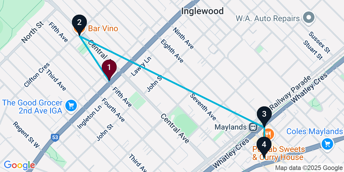 Map for 4-Stop Perth Bar Crawl