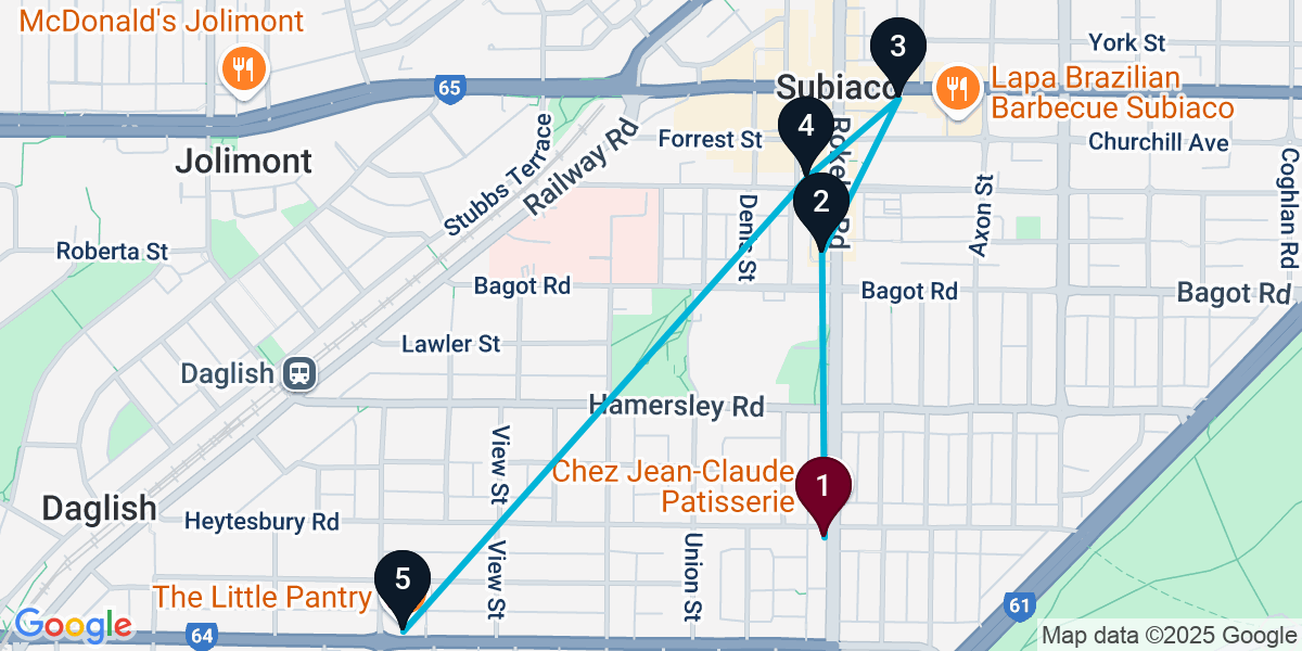 Map for 5-Stop Subiaco Bar Crawl