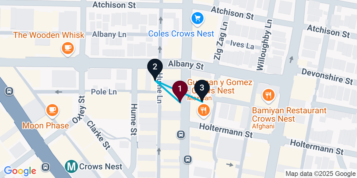 Map for 3-Stop Crows Nest Wine bar Bar Crawl