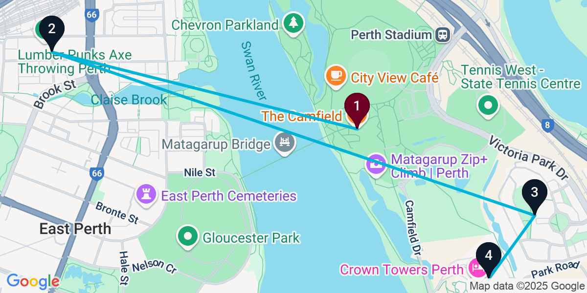 Map for 4-Stop Burswood Bar Crawl