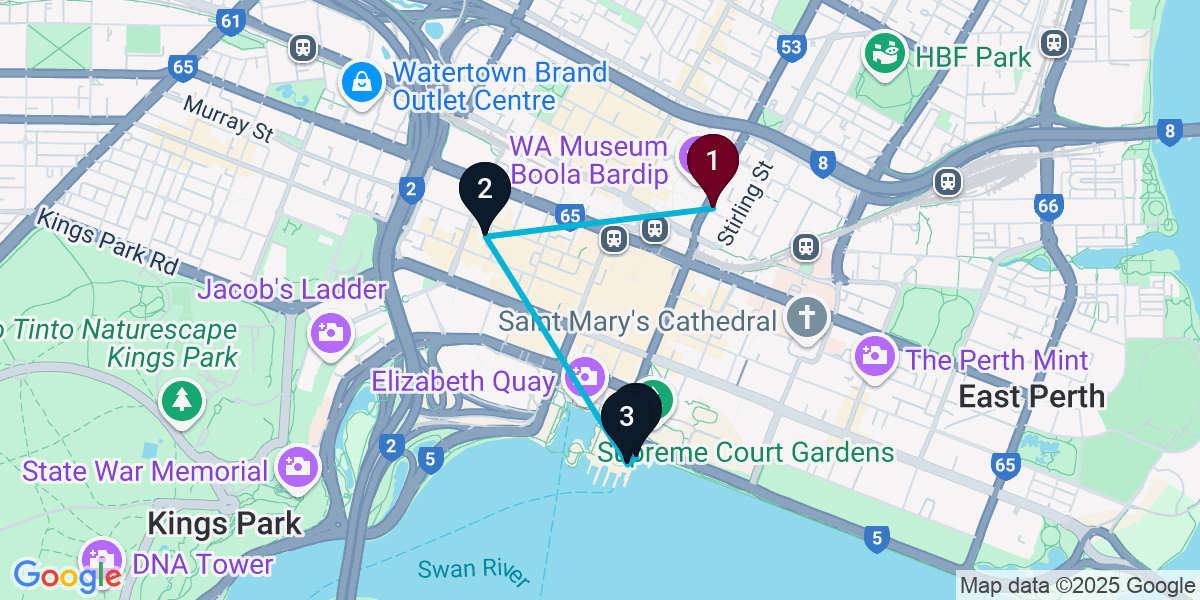Map for 4-Stop Perth Rooftop Bar Crawl