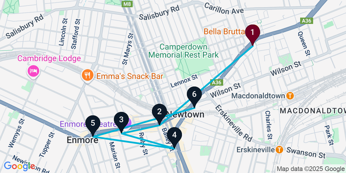 Map for 6-Stop Newtown Bar Crawl