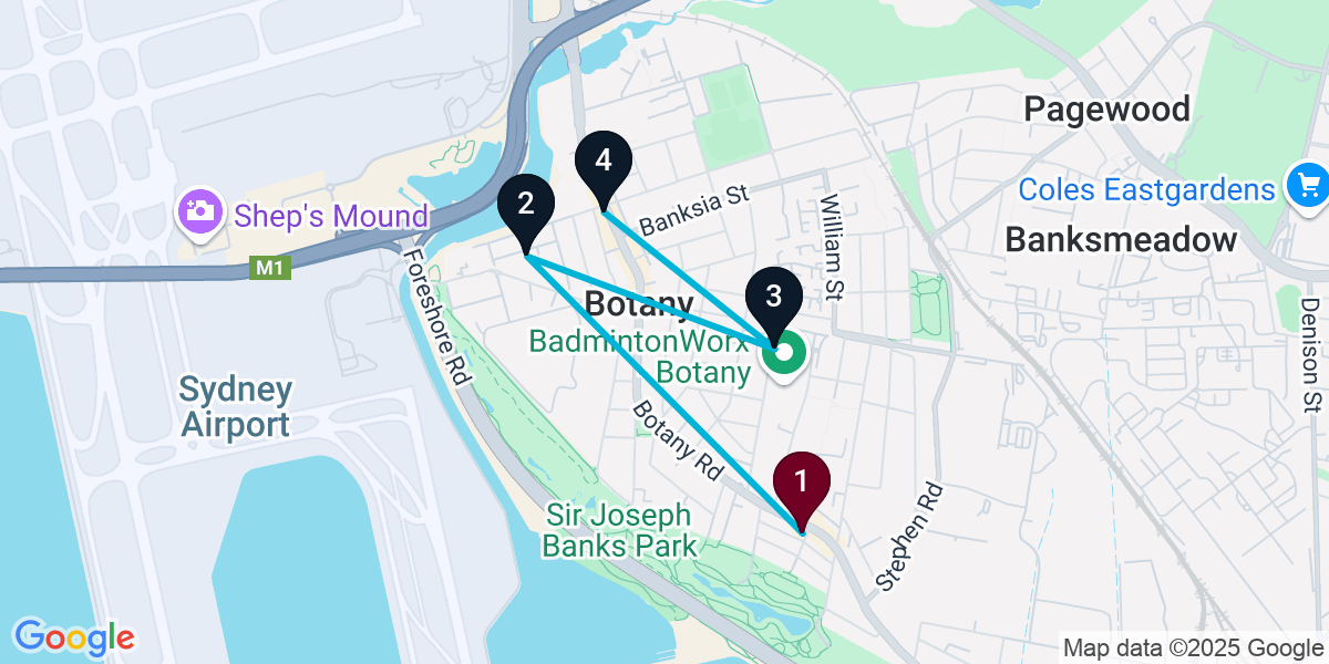 Map for 4-Stop Botany Bar Crawl