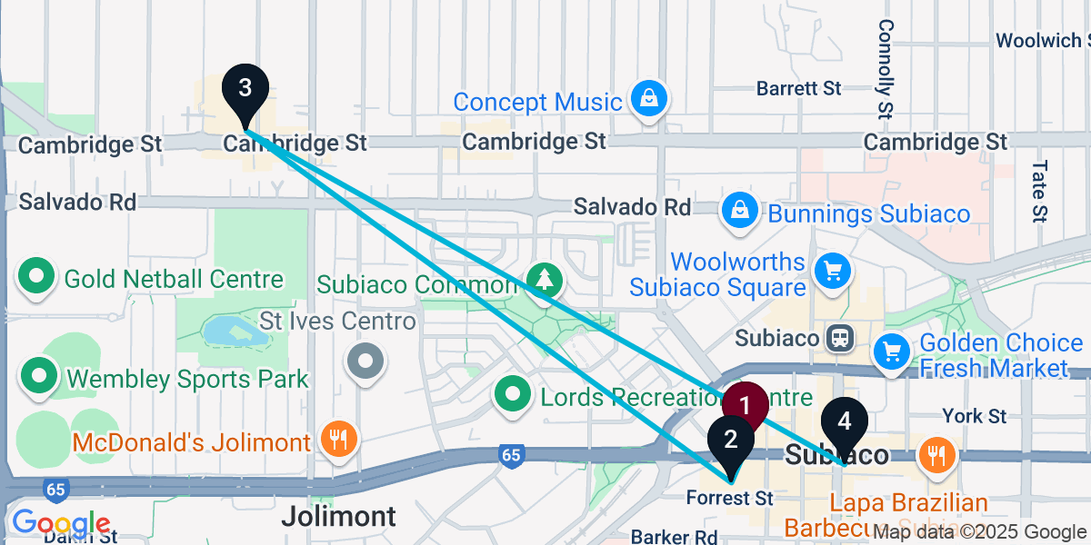 Map for 4-Stop Subiaco Pub Bar Crawl