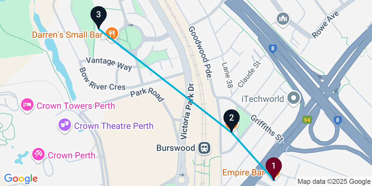 Map for Burswood Pub Crawl