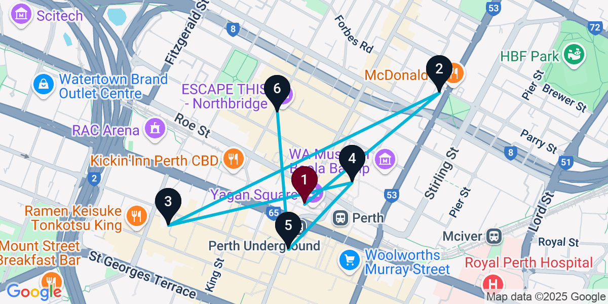 Map for 6-Stop Perth Bar Crawl
