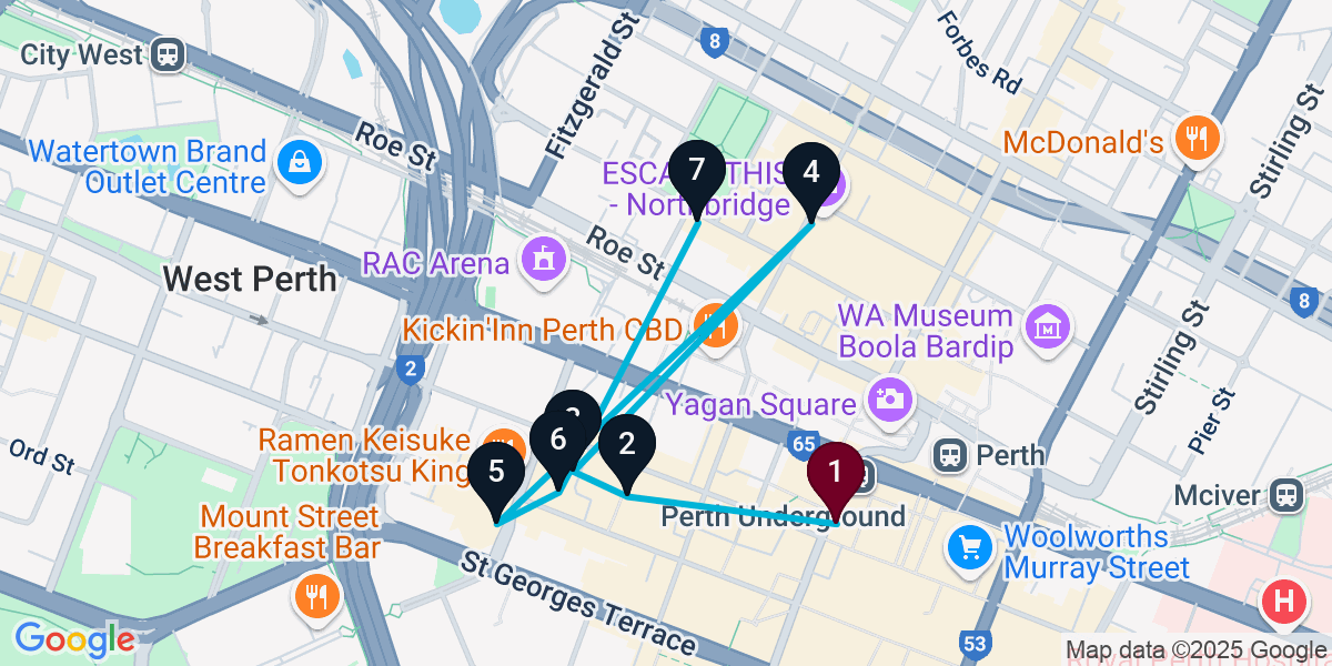 Map for 7-Stop Perth Bar Crawl