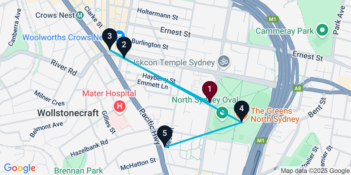 Map for 5-Stop North Sydney Pub Bar Crawl