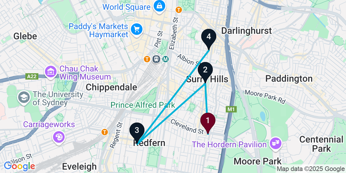 Map for 4-Stop Redfern Wine bar Bar Crawl