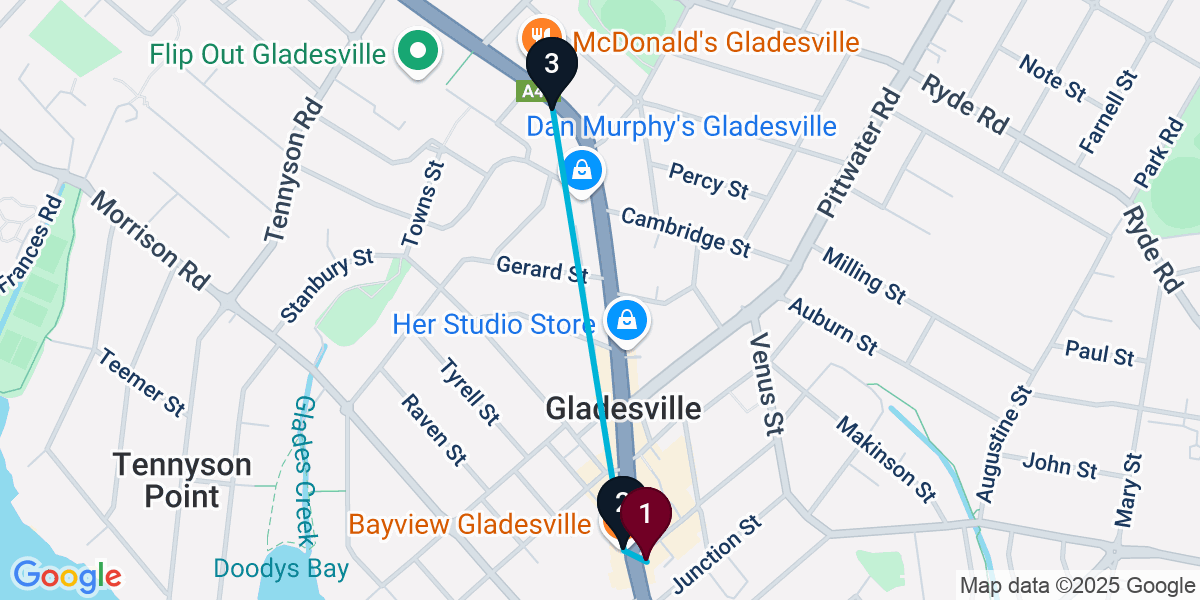 Map for 3-Stop Gladesville Pub Bar Crawl