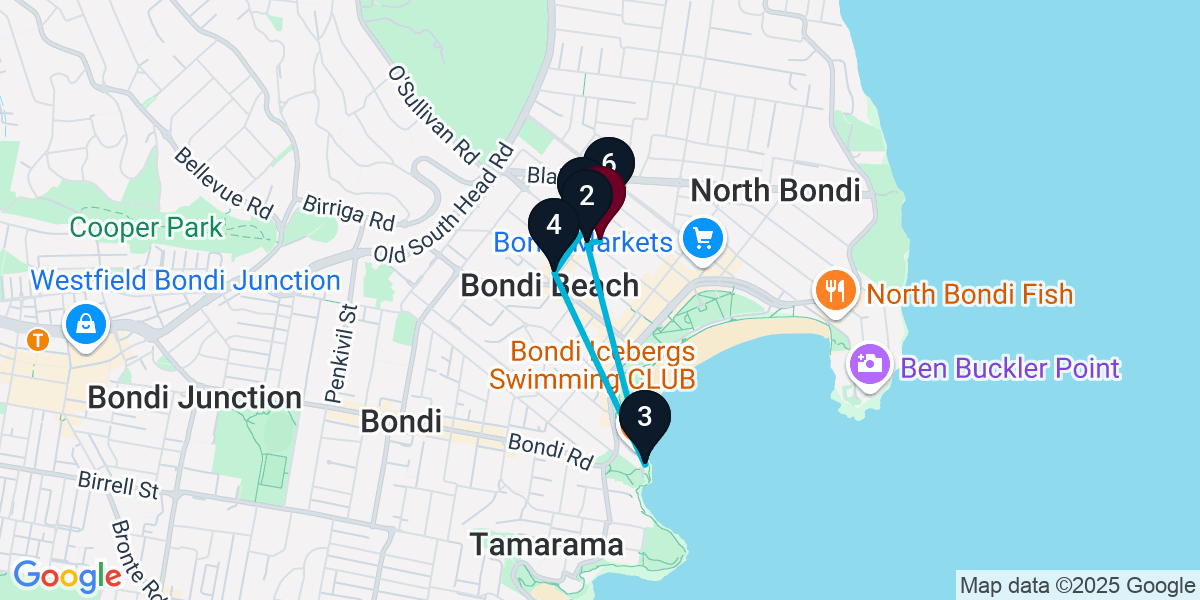 Map for 6-Stop Bondi Beach Bar Crawl
