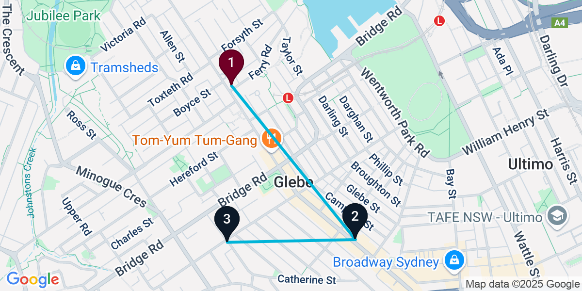 Map for 3-Stop Glebe Bar Crawl