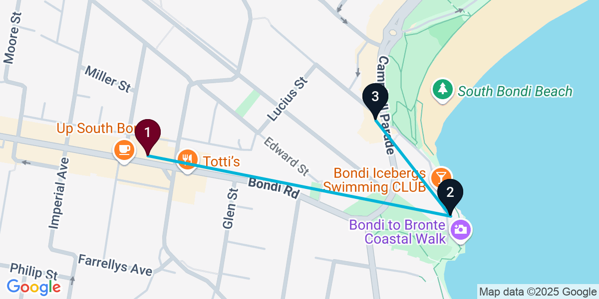 Map for 3-Stop Bondi Rooftop Bar Crawl