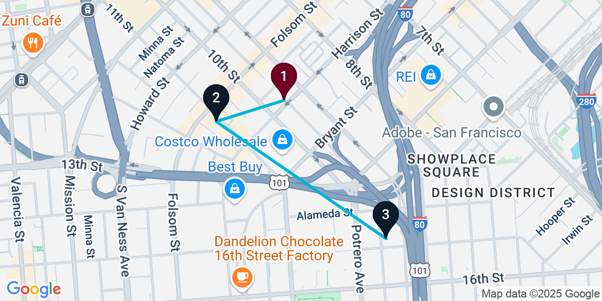 Map for 3-Stop San Francisco Nightclub Bar Crawl
