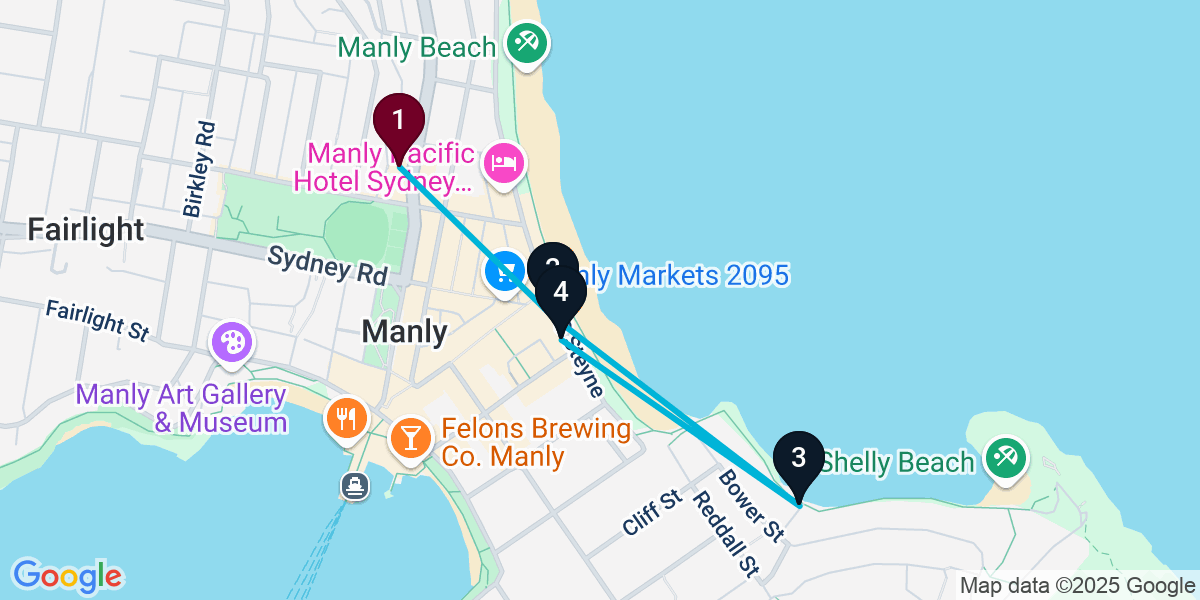 Map for 4-Stop Manly Beach bar Bar Crawl