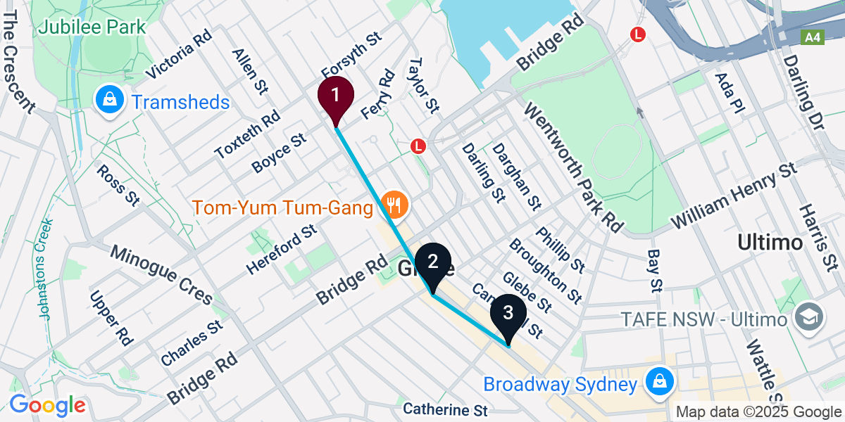 Map for 3-Stop Glebe Wine bar Bar Crawl