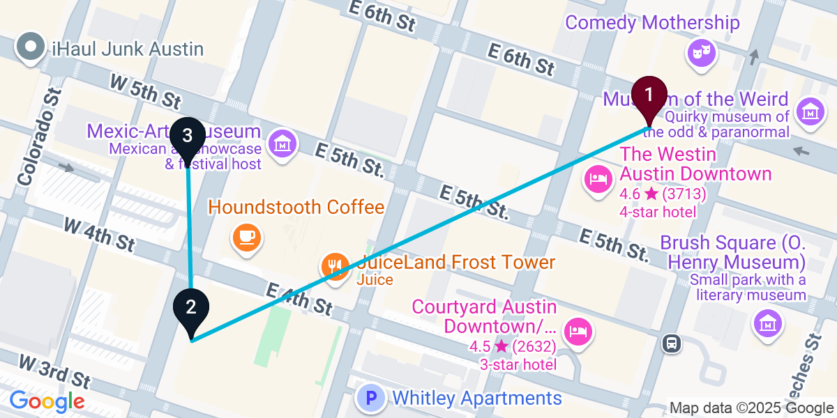 Map for 3-Stop Austin Cocktail Bar Crawl