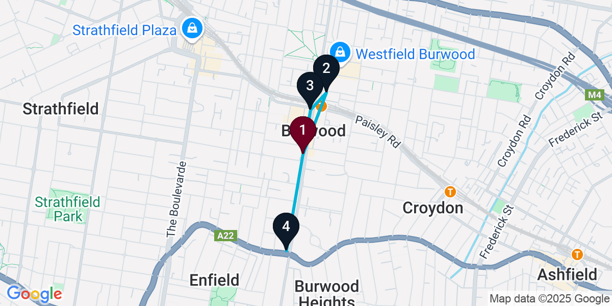 Map for 4-Stop Burwood Bar Crawl