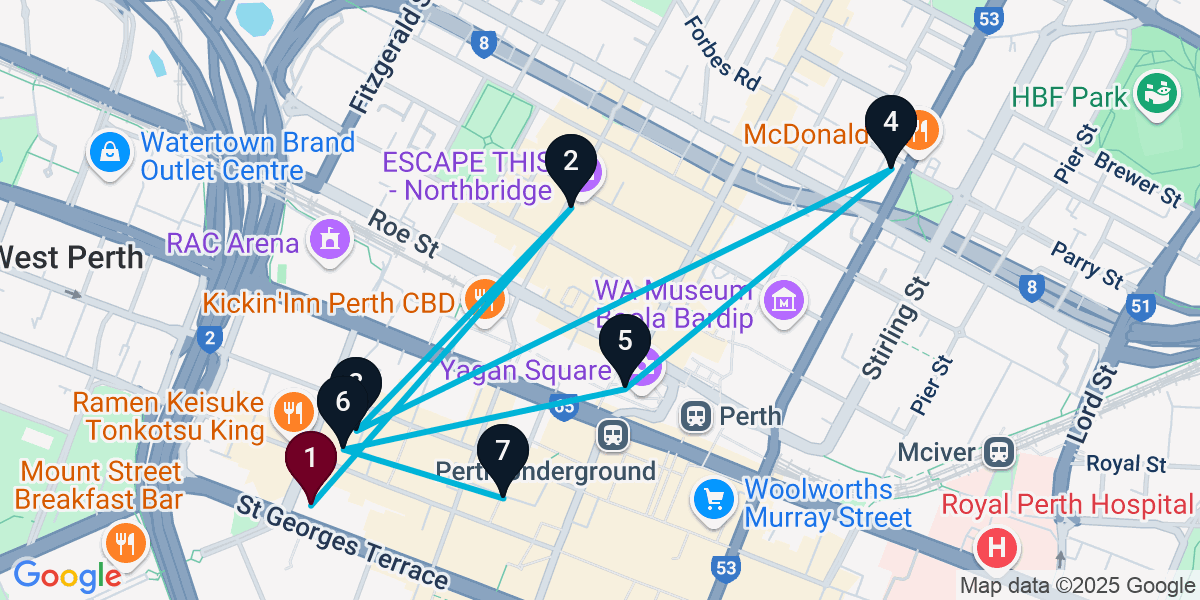 Map for 7-Stop Perth Cocktail Bar Crawl