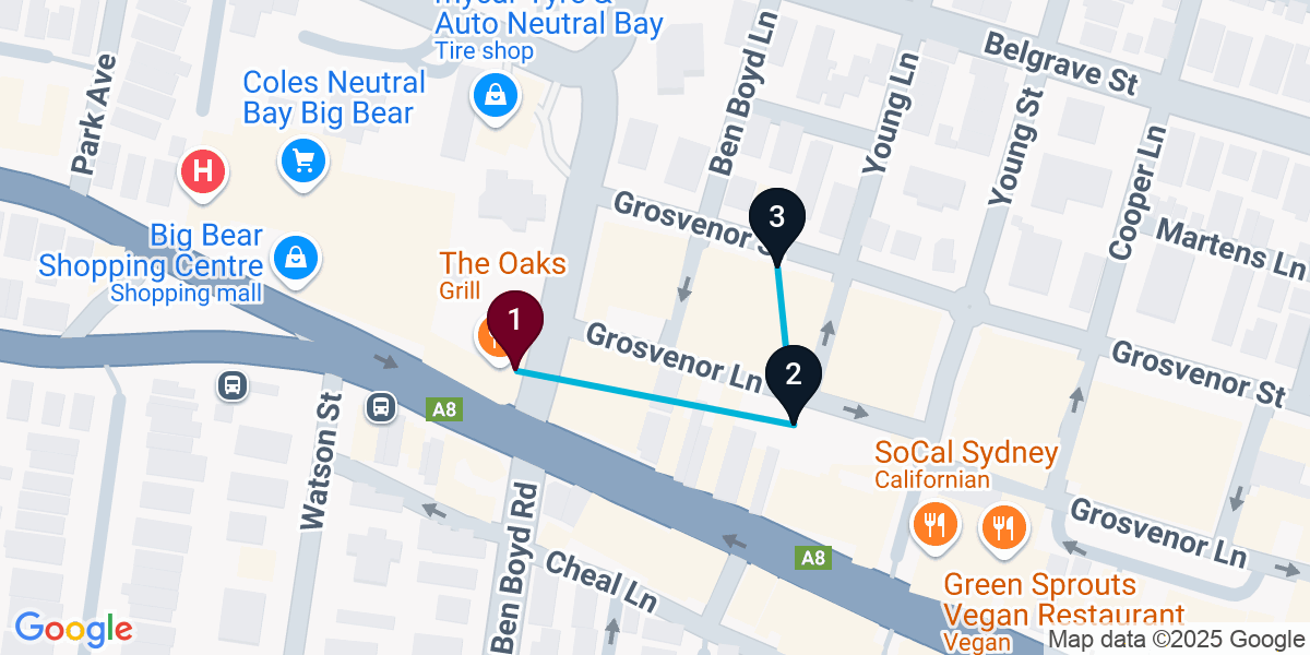 Map for 3-Stop Neutral Bay Cocktail Bar Crawl