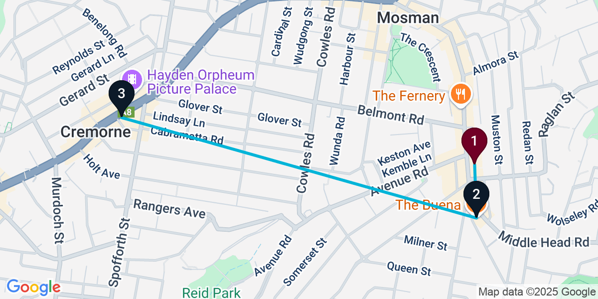 Map for 3-Stop Mosman Pub Bar Crawl