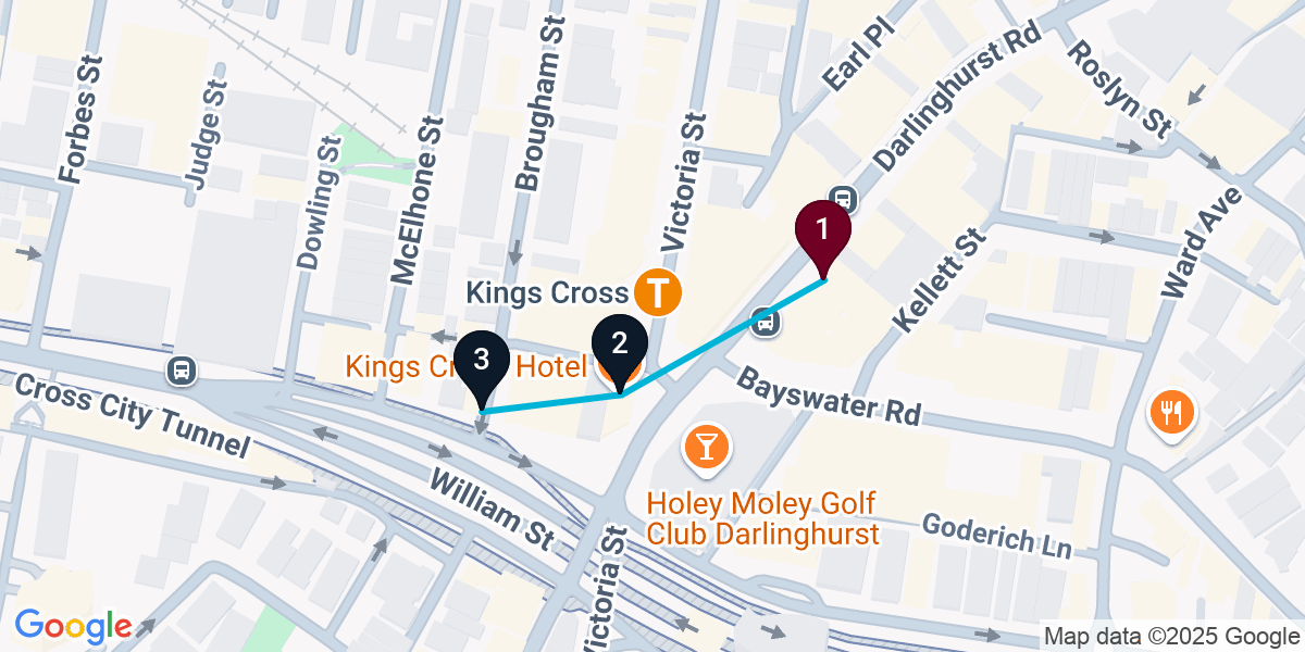 Map for 3-Stop Potts Point Live music Bar Crawl