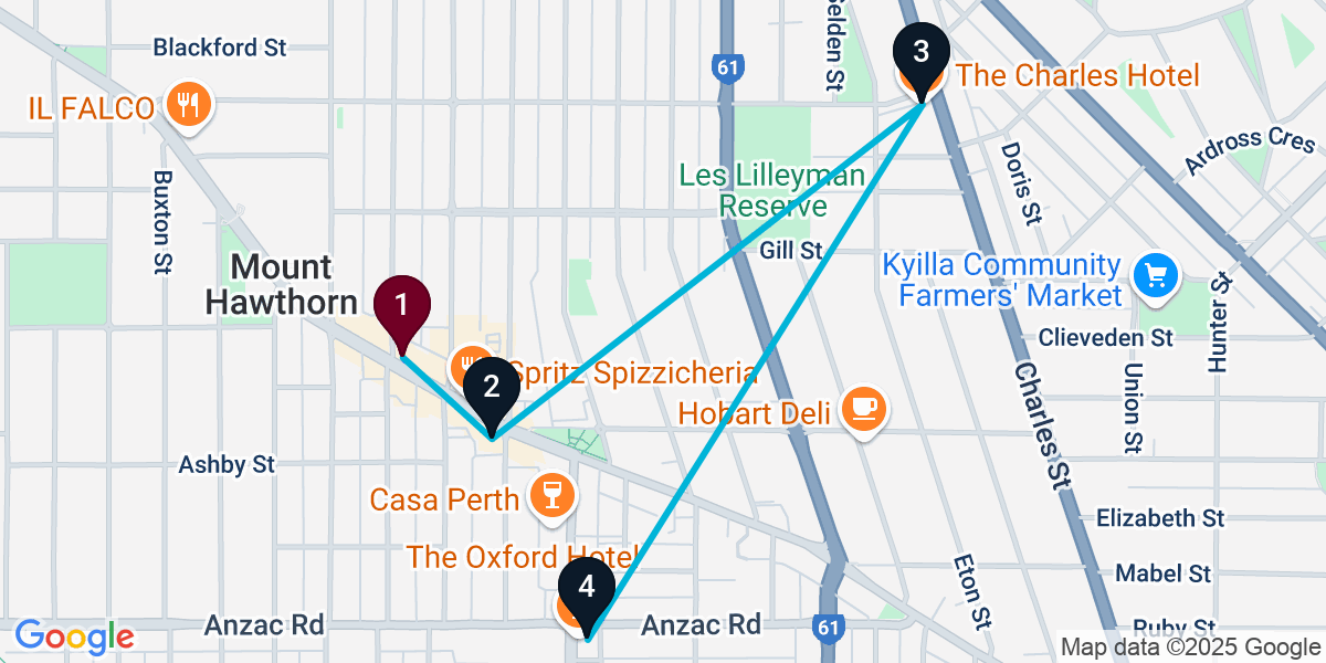 Map for 4-Stop Mount Hawthorn Pub Bar Crawl