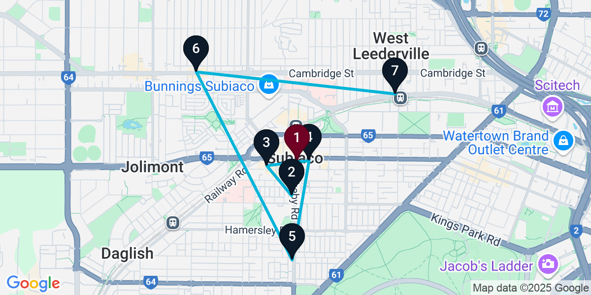 Map for 7-Stop Subiaco Bar Crawl