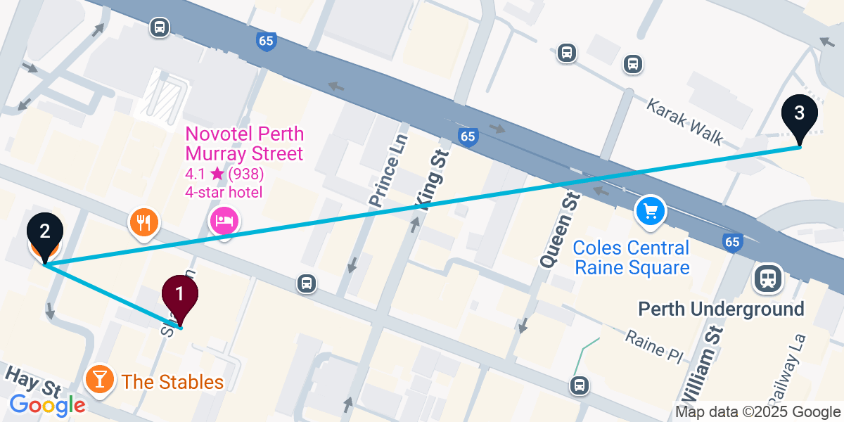 Map for 3-Stop Perth Cocktail Bar Crawl