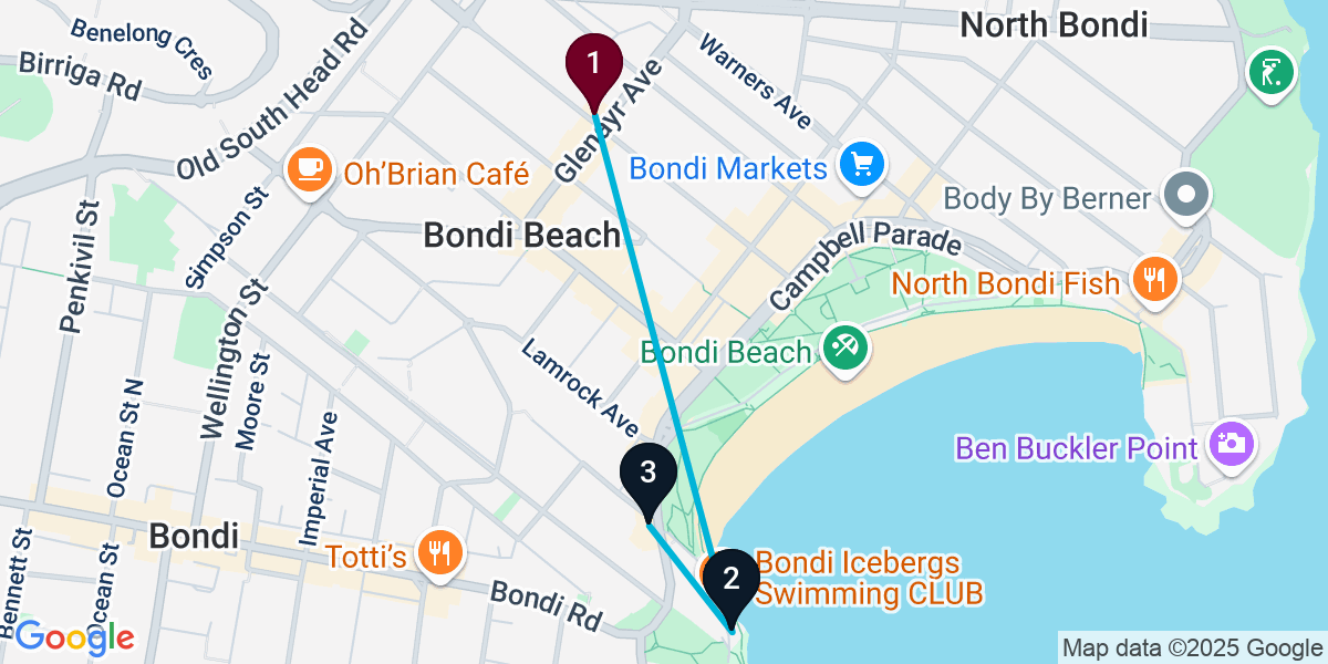 Map for 3-Stop Bondi Beach Rooftop Bar Crawl