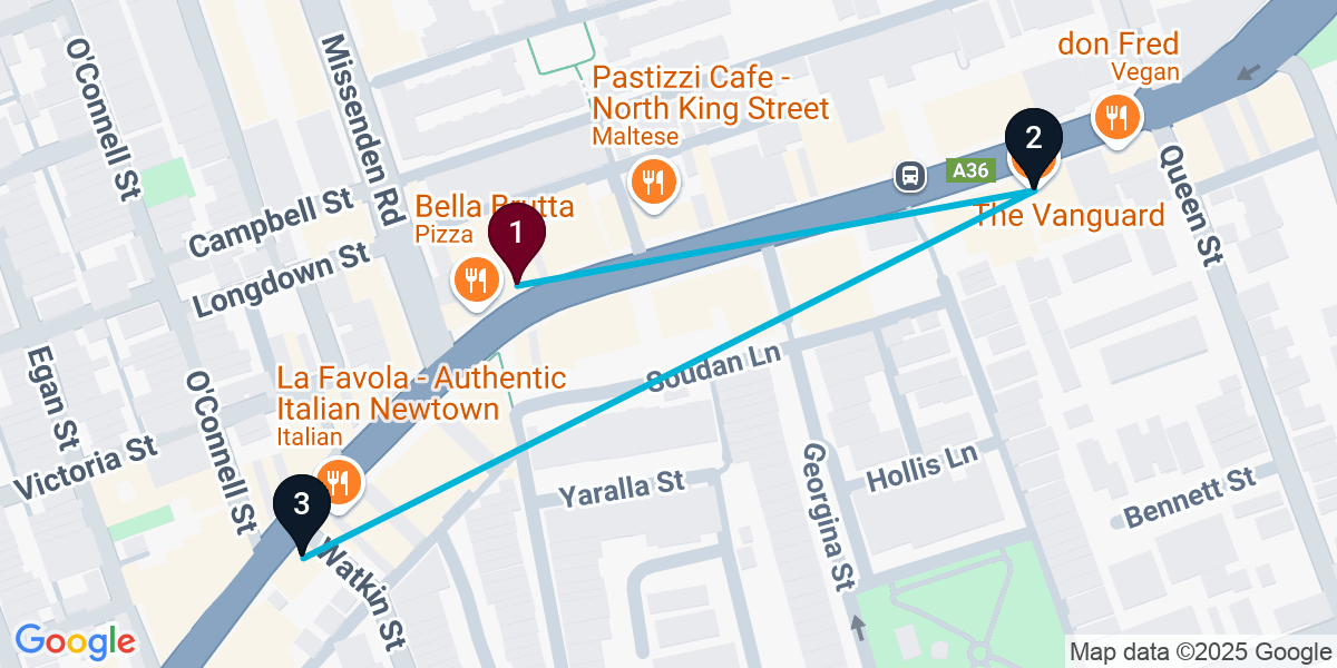 Map for 3-Stop Newtown Bar Crawl