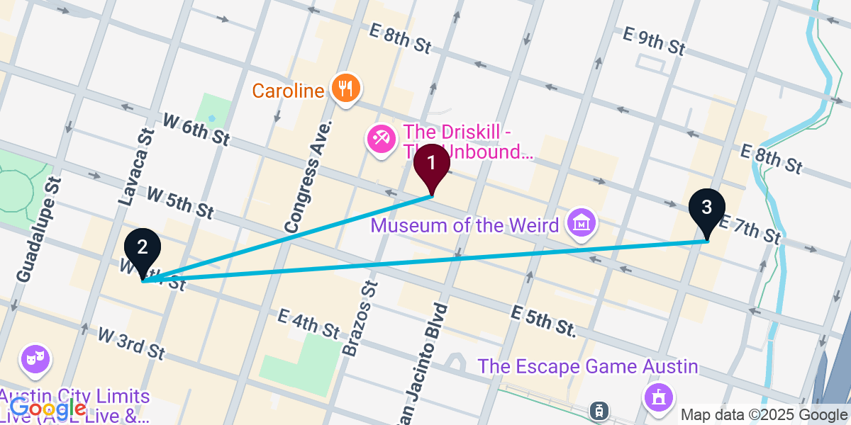 Map for 3-Stop Austin Nightclub Bar Crawl