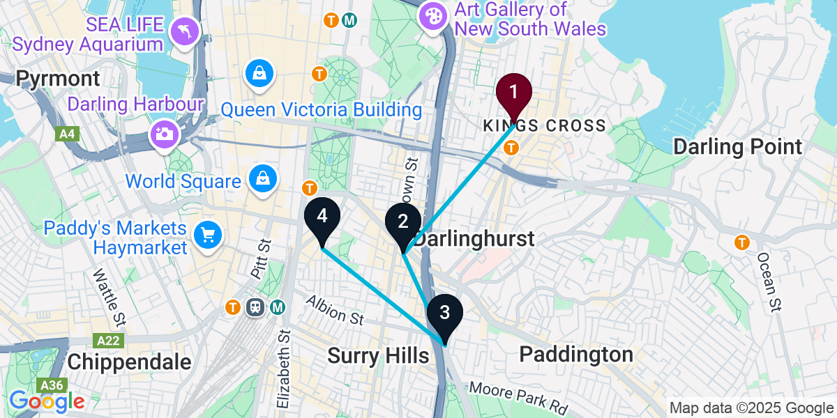 Map for 4-Stop Potts Point Brewery Bar Crawl