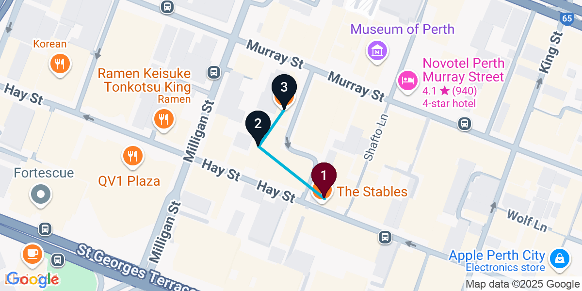 Map for 3-Stop Perth Bar Crawl