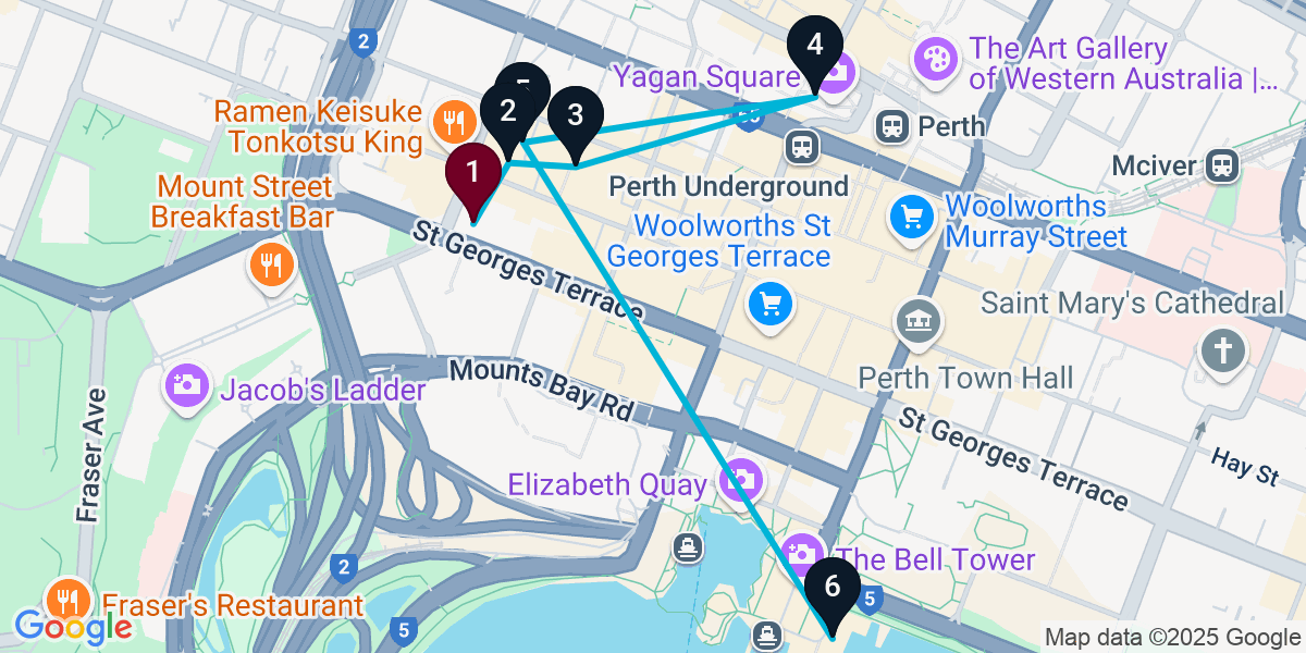 Map for 6-Stop Perth Bar Crawl