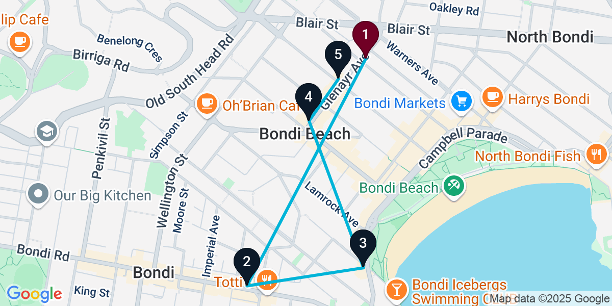 Map for 5-Stop Bondi Beach Bar Crawl