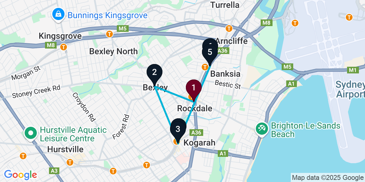 Map for 6-Stop Rockdale Bar Crawl