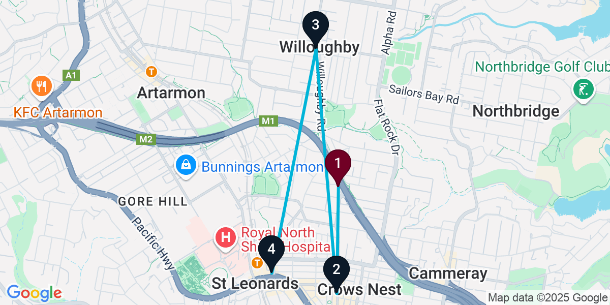 Map for 4-Stop Naremburn Cocktail Bar Crawl