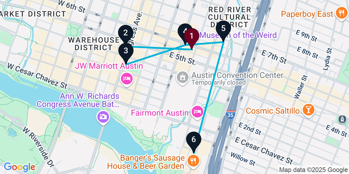 Map for 6-Stop Austin Cocktail Bar Crawl
