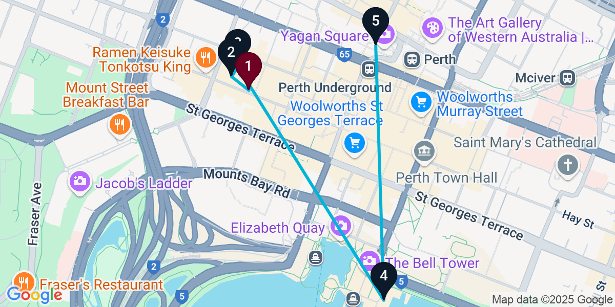 Map for 5-Stop Perth Cocktail Bar Crawl