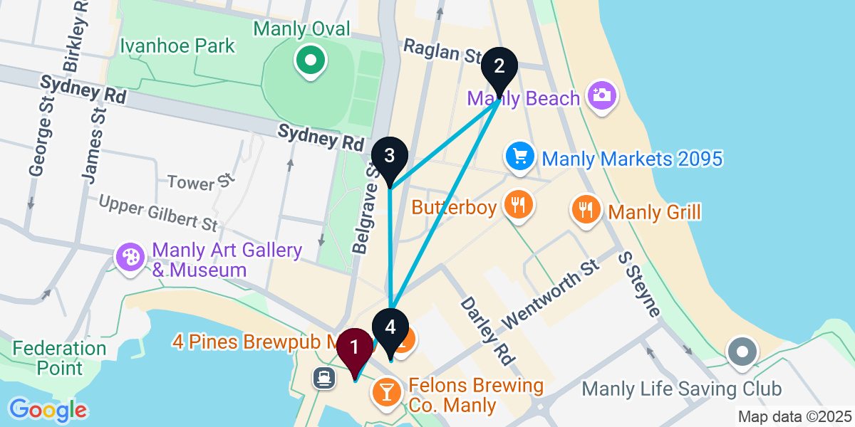 Map for 4-Stop Manly Cocktail Bar Crawl