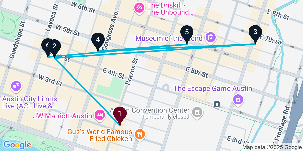 Map for 6-Stop Austin Nightclub Bar Crawl
